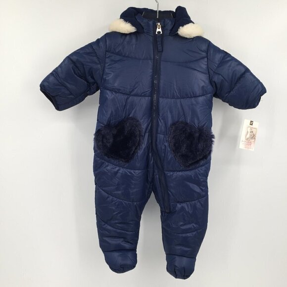 Jessica Simpson baby blue puffer snowsuit footed hooded winter heart new 3-6M - Picture 1 of 7